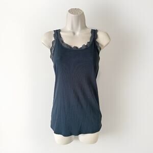 VTG Express Womens Y2K Ribbed Lace Trim Cami Top M Blue Club Boho Retro Preppy